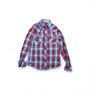 Tin Haul Men's Plaid Red Blue White Cotton Long Sleeve Western Button-Up Shirt M